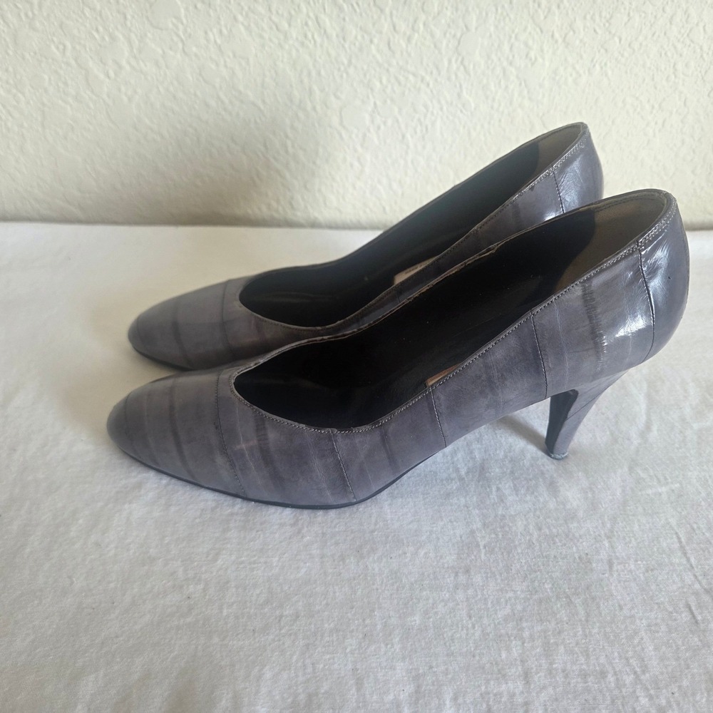 Leather of the Sea Honolulu Hawaii Eel Skin Pumps Gry Almond Toe Heels Vin. SZ 7